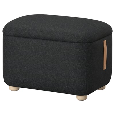 Oskarshhamn dark grey fabric footstool. Rounded design with leather handle and wooden legs.