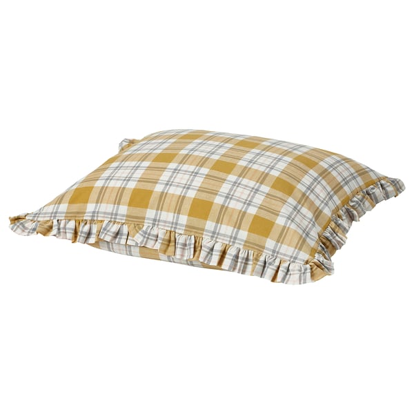 PARKOLVON yellow plaid pillow, ruffled edges, 100% cotton.