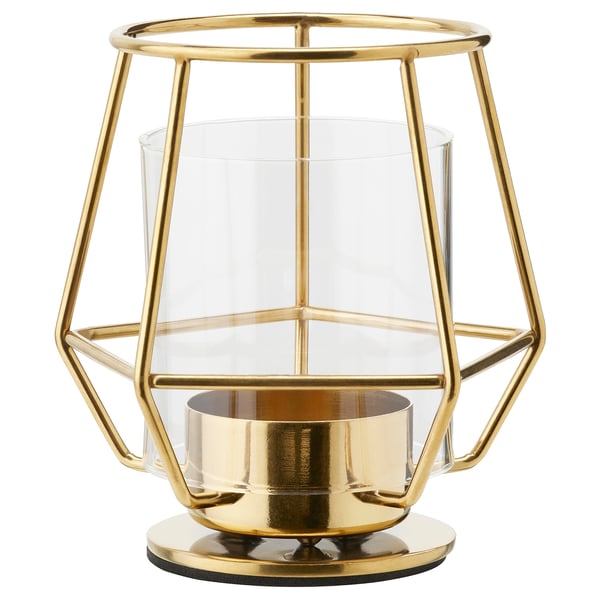 Modern golden lantern; clear glass; geometric design; eva base; stainless steel.