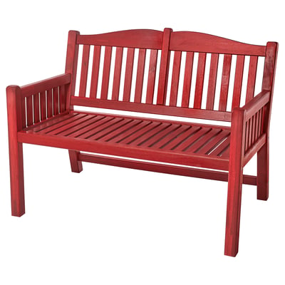 Red wooden garden bench with slatted design for comfort and style. Curved back and armrests, durable acacia material.