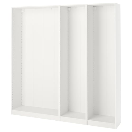Three white PAX wardrobe frames with adjustable feet for versatile use.