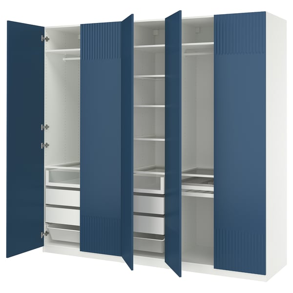 Blue & white PAX wardrobe with shelves & drawers, textured doors.