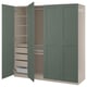 A green PAX wardrobe with open doors showcasing shelves, drawers, and hanging space.
