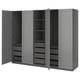 Gray PAX wardrobe with shelves and drawers, modern design.