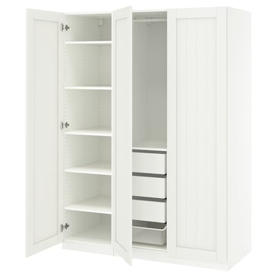 A white PAX wardrobe with open doors, displaying multiple shelves and organizers.