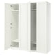 White PAX wardrobe. 2 doors open revealing shelves and rail. Minimalist, clean design.