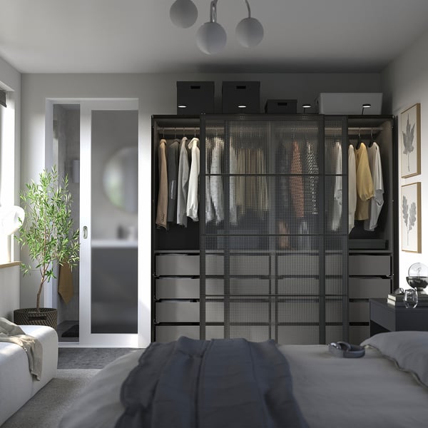 PAX / LUNDBRÄSMA Wardrobe with sliding doors, dark grey black/checkered glass, 200x66x201 cm
