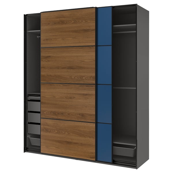 PAX / MEHAMN/AULI Wardrobe with sliding doors, dark grey black/double sided walnut, 200x66x236 cm
