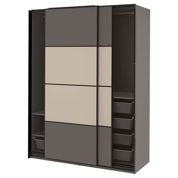 A gray PAX wardrobe with sliding doors. It has beige panels and mesh baskets inside for storage.