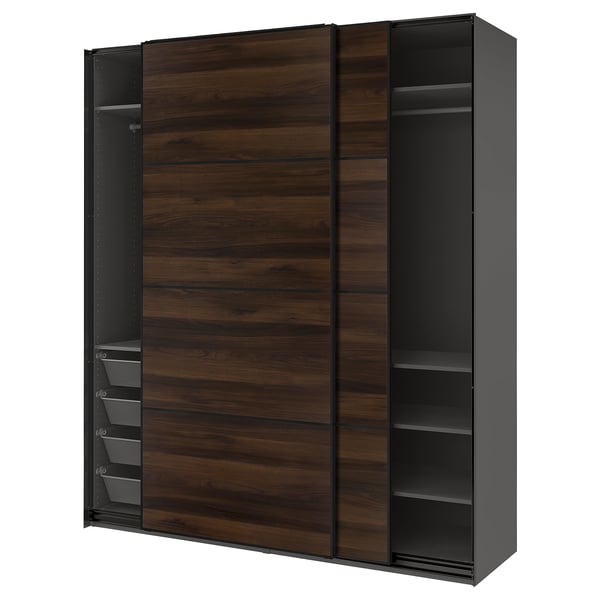 PAX / MEHAMN Wardrobe with sliding doors, dark grey black/double sided dark brown oak effect, 200x66x236 cm