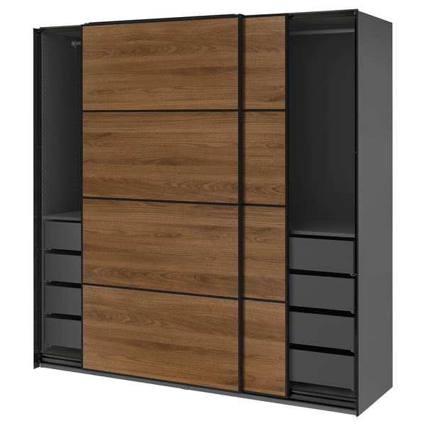 PAX / MEHAMN Wardrobe with sliding doors, dark grey black/double sided walnut, 200x66x201 cm