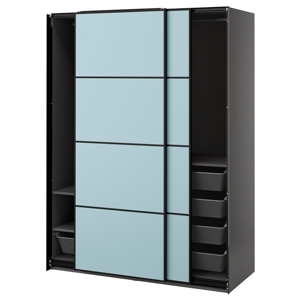 PAX wardrobe with blue-gray doors and black frame, featuring mesh baskets and sliding doors.