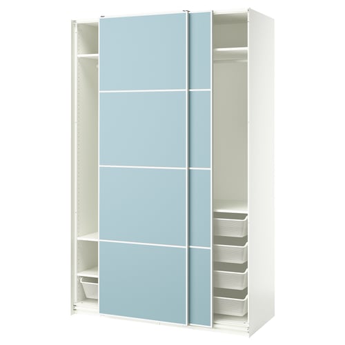 White ikea PAX wardrobe with blue sliding doors and metal mesh baskets.