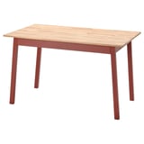 Red-painted wooden dining table with light wood top, rectangular shape, sturdy and simple design.