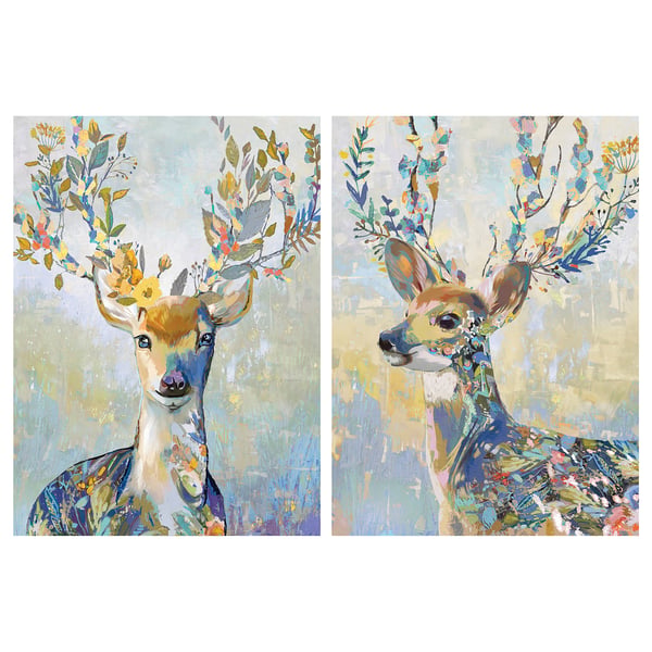 PJÄTTERYD: colourful deer canvas prints. Bright, floral, abstract design.