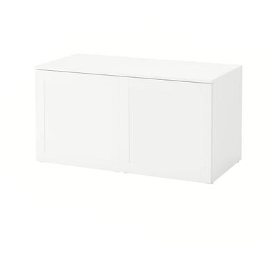 A white IKEA PLATSA storage unit, a sleek, rectangular cabinet with two doors and adjustable feet for floor levelling.