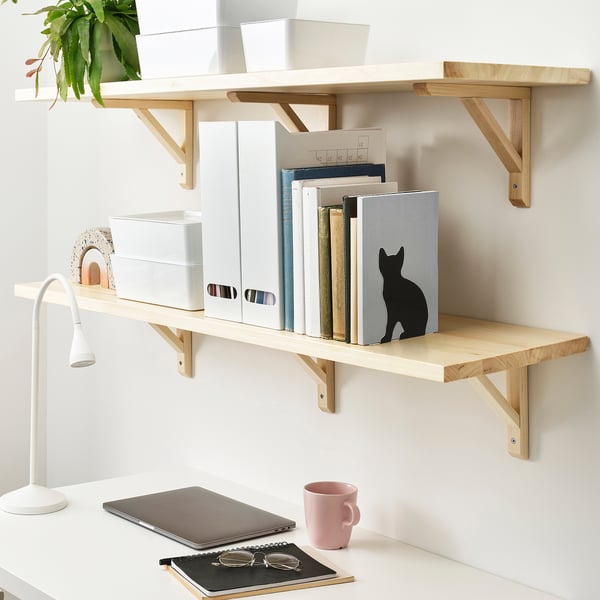 Wooden shelves with books, boxes, and plant. Black cat bookend stands out among neatly organised items.