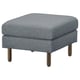 Comfortable modern grey fabric footrest; sturdy wooden legs, simple design.