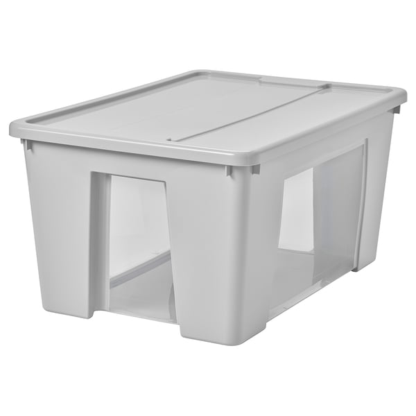 SAMLA Box with lid, transparent/light grey, 57x39x28 cm/45 l
