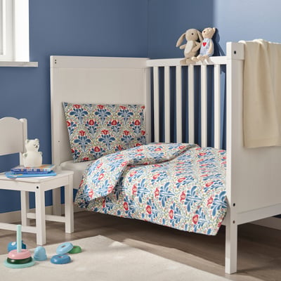 SÄTERVIDE Duvet cover 1 pillowcase for cot, white blue/floral pattern, 110x125/35x55 cm