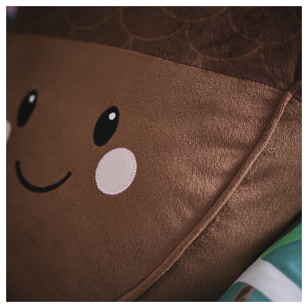 Stuff toy with smiling face; soft, recycled material; zip on back for storage