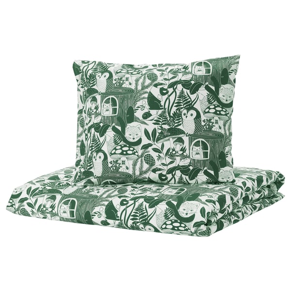 Green & white forest-animal duvet & pillow. SKOGSDUVA print, cotton/viscose.
