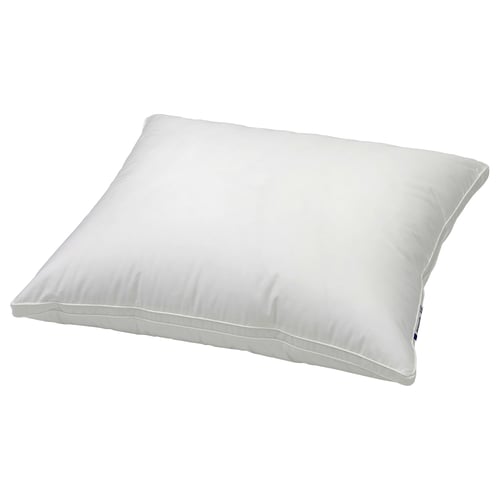 A white SKOGSOLVON pillow with a smooth, rectangular shape, featuring double piping edges, and made from lyocell and cotton fabric.