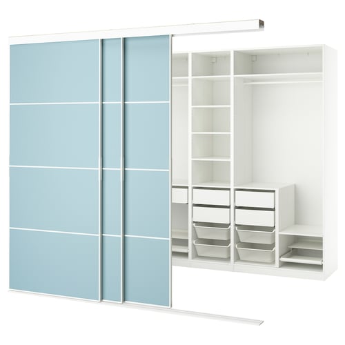 A SKYTTA light blue wardrobe with sliding doors and shelves, made of wood and metal.