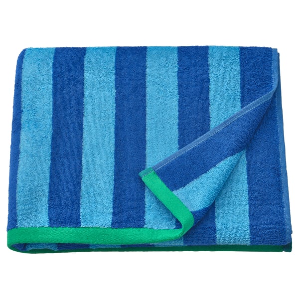 A folded blue and green striped SLÅNHÖSTMAL towel, made of 100% cotton, with green trim.