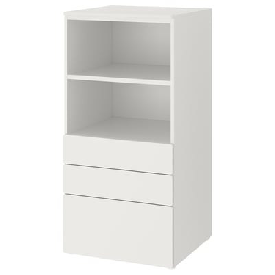White SMÅSTAD bookshelf with 3 drawers and 2 open shelves for storage.