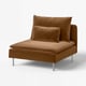 A brown, ergonomic, low-profile SÖDERHAMN chair with plush cushions, supported by stainless steel legs.
