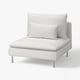 Modern white leather chair with chrome legs, rectangular seat & back cushions, clean sleek design.