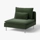 Dark green modern chair with metal legs & two cushions.