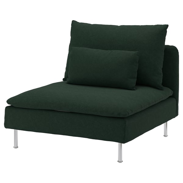 Dark green SÖDERHAMN chair, modern design with metal legs, plush cushions.