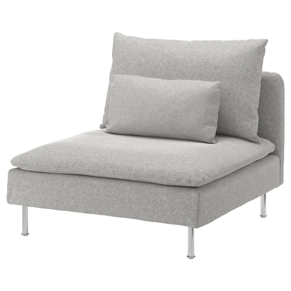 Modern gray SÖDERHAMN chair with chrome legs and cushions, perfect for contemporary spaces.