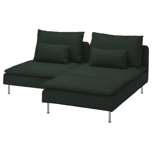 A dark green SÖDERHAMN sectional sofa with metal legs and plush cushions.