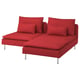 Bright red, modern l-shaped sofa with cushions, sleek metal legs, deep seats, perfect for cosy lounging.