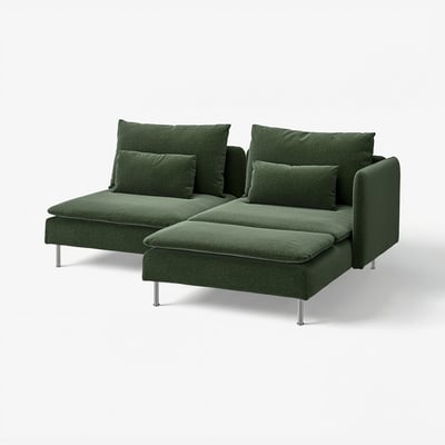 Dark green modern l-shaped sofa with metal legs, plush cushions, and minimalist design. Ideal for cosy relaxation.