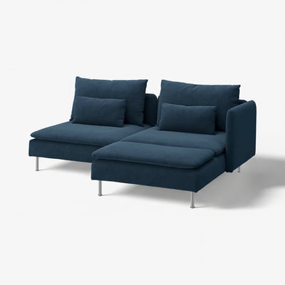 Modern blue sectional sofa with cushions, sleek metal legs, and plush fabric.