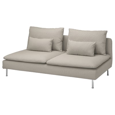 SÖDERHAMN beige sofa, modern design with wavy patterned cushions, deep seats, and chrome legs.