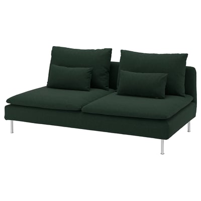 Dark green SÖDERHAMN sofa, modern design with metal legs, deep seats, and plush cushions.