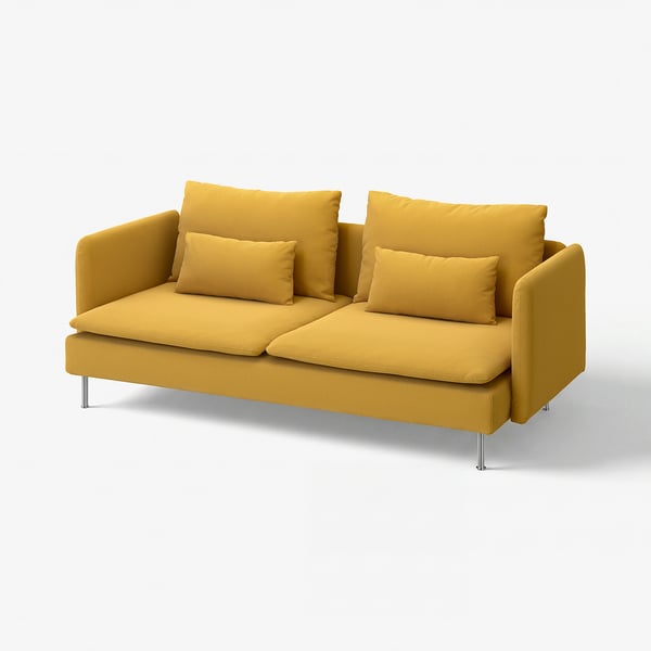 Bright yellow SÖDERHAMN sofa with loose cushions, sleek design, metal legs, comfortable and stylish.