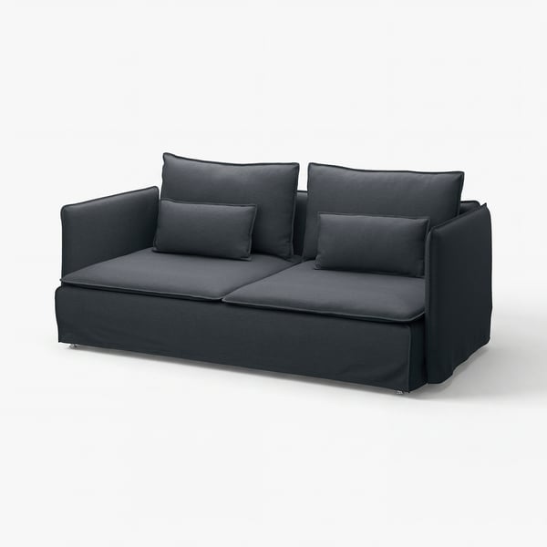 SÖDERHAMN black sofa, modern design, three-seater, dark fabric, with cushions.
