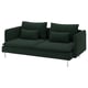 Depicts a green SÖDERHAMN sofa with deep seats, soft cushions, and stainless legs. Its modern design is covered in a dark green fabric.