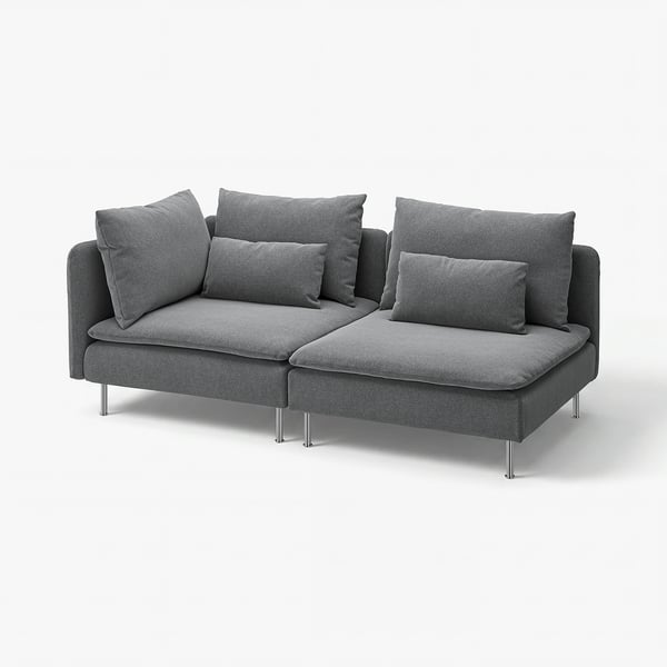 Modern grey sectional sofa, deep seats, loose cushions, sleek metal legs.
