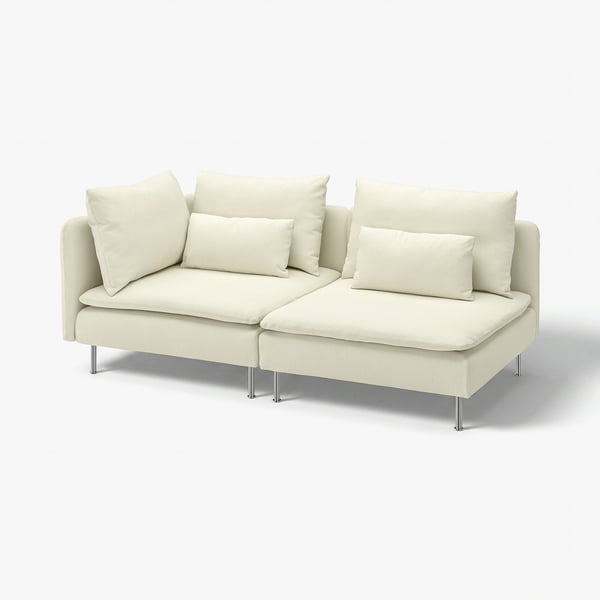 A modern, cream-colored SÖDERHAMN sectional sofa with plush cushions and metallic legs.