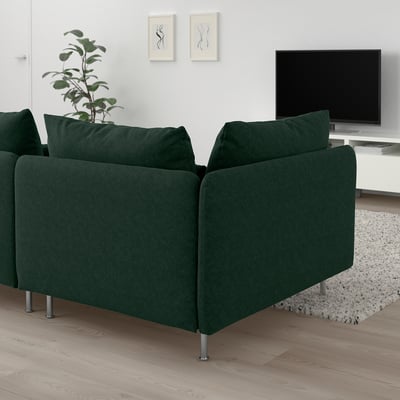Dark green SÖDERHAMN sectional sofa with cushions in living room, near tv.