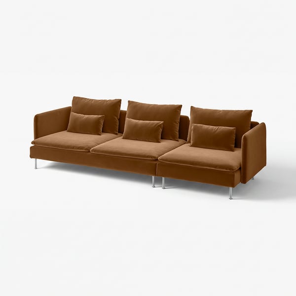 Modern brown velvet sofa with deep seats, sleek legs, and plush pillows, designed for comfort and style.