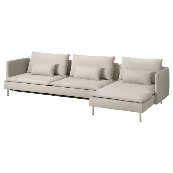 Modern beige l-shaped sofa bed with four cushions, sleek design, and metal legs.
