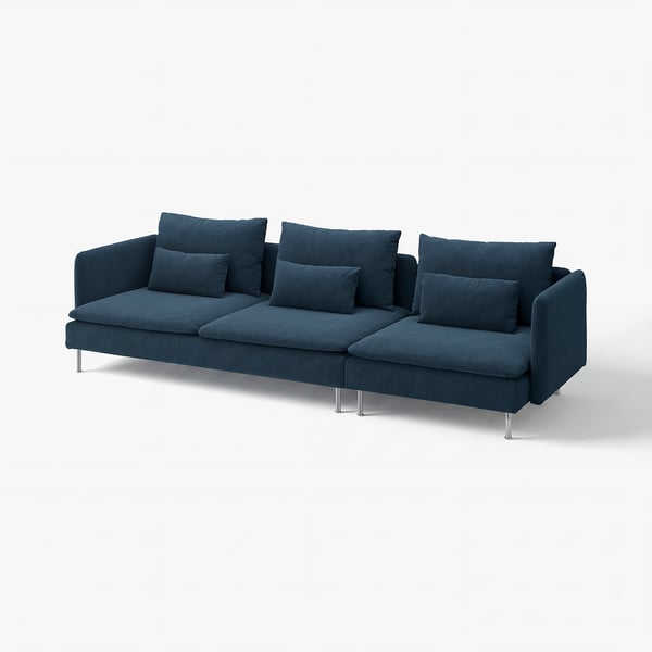Modern deep-blue sofa, SÖDERHAMN, with clean lines, metal legs, and plush cushions.
